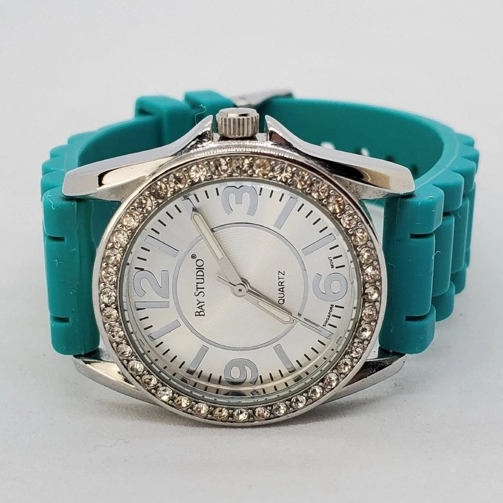Bay Studio Women's Watch 31MM Gray Case Crystal Bezel Teal Plastic Bands NewBatt